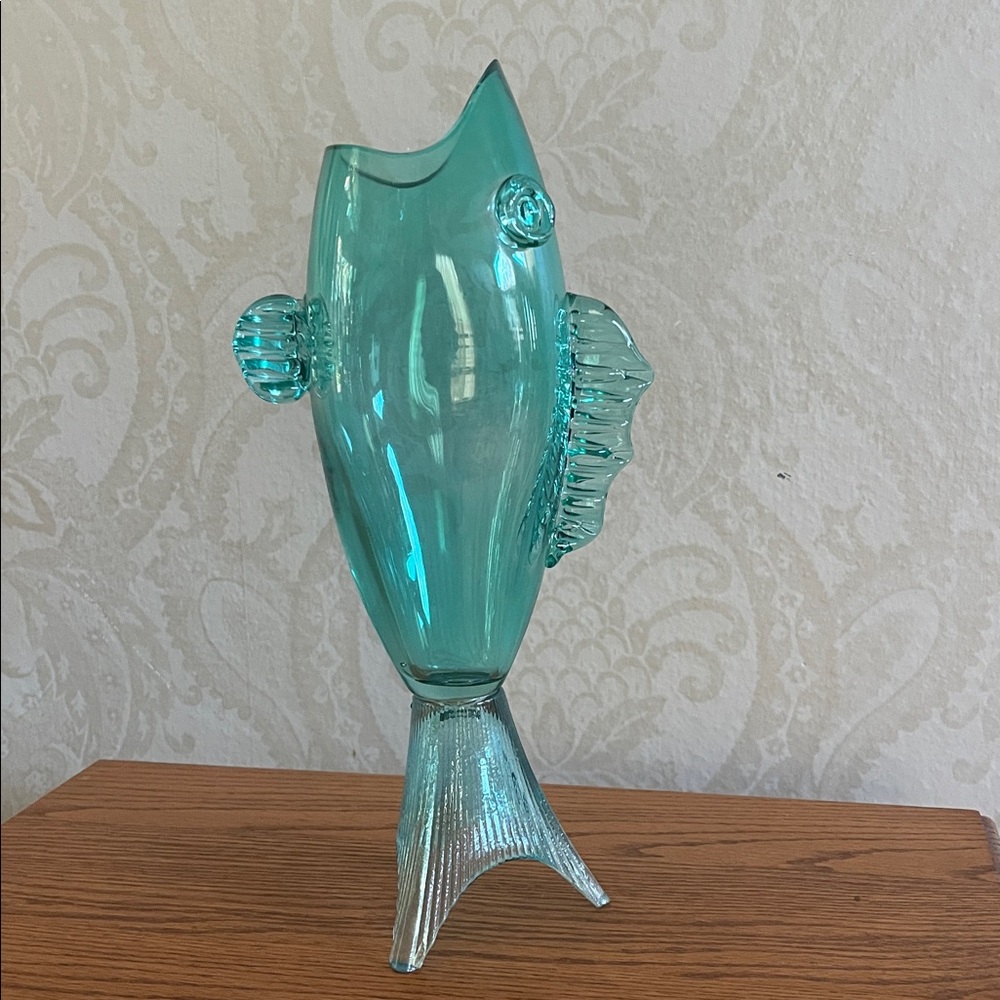 Rare Vintage Blenko style Aqua Glass Fish vase 12.5” tall
